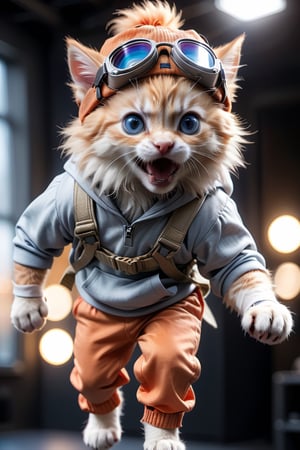 Movie still ((BBC style)) photo of cute orange kitten Kitten Gangster in (wildlife), in the air, suspended by parachute, goggles, expression super happy, having fun, baseball cap, sweatpants, hooded shirt, white and gray fur, thick fur, blue eyes, shallow depth of field, vignette, highly detailed, high budget, bokeh, wide format cinema, moody, epic, gorgeous, film grain, grainy, high quality photography, 3 Spot lighting, softbox flash, 4k, Canon EOS R3, hdr, smooth, sharp focus, high resolution, award-winning action photos, jump shots, 50mm, wide angle shot, away from camera, full length, f2.8, bokeh, side view