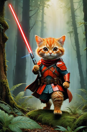 Art by Mandy Disher, digital art 8k, Jean-Baptiste Monge style, art by Cameron Gray, sacred land, mysterious animal creatures, dark forest, anthropomorphic orange cat wearing red armor, sunglasses, armor helmet, hunched over and running Action, holding lightsaber, masterpiece, best quality, high quality, moss, complex background, complementary colors, extremely detailed, volumetric clouds, stardust, 8k resolution, watercolor, Razumov style. Artwork by Razumov and Volegov, Artwork by Carne Griffiths and Wadim Kashin rutkowski repin artstation surrealist painting, 4k resolution blade runner, sharp focus, light emitting diodes, smoke, artillery, sparks, rack, system unit, artstation Surrealistic painting detailed figure concept art design matte painting