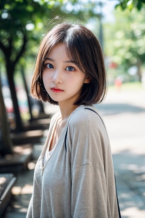 A beautiful female college student with big, expressive eyes, lively and vibrant, possessing a great temperament and a charming short haircut, A girl in the wild, ((A natural photo of a college girl with an innocent expression taken at an 85mm angle of view.)), summer clothes, casual clothes, 