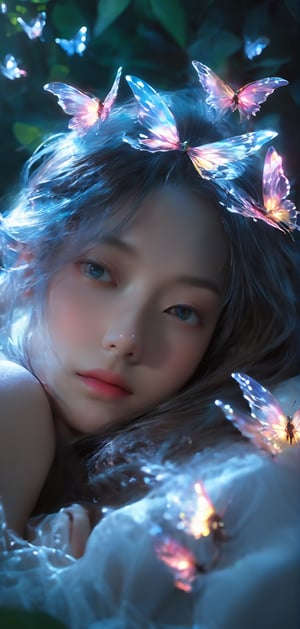 Cinematic of fairy girl, cool_vibe, small_nose, (范冰冰), realistic artwork, high detailed, professional, upper body photo of a transparent porcelain cute creature, with glowing backlit panels, anatomical plants, dark forest, grainy, shiny, with vibrant colors, colorful, ((realistic skin)), glow surreal objects floating, ((floating:1.4)), contrasting shadows, photographic, niji style, 1girl, xxmixgirl, FilmGirl, aura_glowing, colored_aura, Movie Still, final_fantasy_vii_remake, ((big_breast:1.1)), transparent_clothing, (transparent_butterflies are part of her body), sleeping:1.4, ((depth_of_field))
