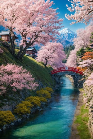 masterpiece, best quality, official_art, aesthetic and beautiful, potrait of an japan palace on the river_side, mountain, valley, pink, red, orange, yellow, white and lilac trees, spring_season, no_humans