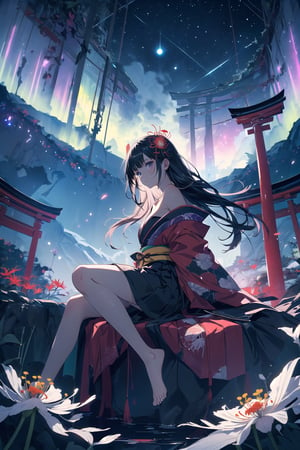 Gorgeous fantasy masterpiece in dark color tone, (((an anime style slender girl dressing (((low-cut))) kimono in short kimono skirt))), (((strapless))), [(((the contrast pattern of kimono is about black, galaxy, stars, colorful, spider lily)))], long sleeve, (((exposed clavicle))), (((exposed shoulders))), (((flowing long hair))), (((sidely sitting on the roof of a very big grand intricately glowy japanese torii in a distance))), (((full torri))), (((sitting sideways, crossing bare slender leg, bare foot, sideways glance, sexy))), (((flowing kimono))), (((a small pretty spider lily hair accessory))), (((hyperdetailed skin, full body))), 1girl, solo, (((1torri))), (((spider lily))), (((back lighting))), light particles, defiant gaze, dark of night, sea, galaxy, aurora, clouds, moon, stars, meteor, colorful, low angle shot, detailed, 32k resolution, best quality, midjourney,High detailed ,EpicSky,cloud,sugar_rune,glowing clothes,midjourney,firefliesfireflies,cartoon,xjrex,Color magic,Saturated colors,weapon,DonMF41ryW1ng5,portrait,illustration,fcloseup,rgbcolor,emotion,1guy,MONOCHROME GLOWING,1 girl,Color saturation
