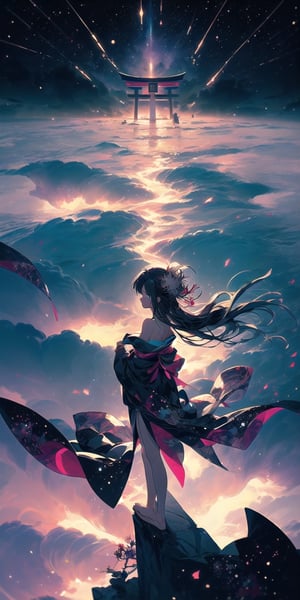 Gorgeous fantasy masterpiece in dark color tone, (((an anime style slender girl dressing (((low-cut))) kimono in short kimono skirt))), (((strapless))), [(((the contrast pattern of kimono is about black, galaxy, stars, colorful, spider lily)))], long sleeve, (((exposed clavicle))), (((exposed shoulders))), (((flowing long hair))), (((sidely sitting on the roof of a very big grand intricately glowy japanese torii in a distance))), (((full torri))), (((sitting sideways, crossing bare slender leg, bare foot, sideways glance, sexy, erotic))),  (((flowing kimono))), (((a small pretty spider lily hair accessory))), (((hyperdetailed skin, full body))), 1girl, solo, (((1torri))), (((spider lily))), (((back lighting))), light particles, defiant gaze, dark of night, sea, galaxy, aurora, clouds, moon, stars, meteor, colorful, low angle shot, detailed,  32k resolution, best quality, midjourney,High detailed ,EpicSky,cloud,sugar_rune,glowing clothes,midjourney,firefliesfireflies,cartoon,xjrex,Color magic,Saturated colors,weapon,DonMF41ryW1ng5,portrait,illustration,fcloseup,rgbcolor,emotion,1guy
