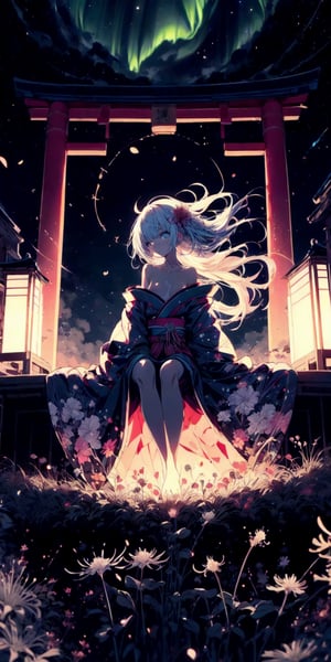 Gorgeous fantasy masterpiece in dark color tone, (((an anime style slender girl dressing (((low-cut))) kimono in short kimono skirt))), (((strapless))), [(((the contrast pattern of kimono is about black, galaxy, stars, colorful, spider lily)))], long sleeve, (((exposed clavicle))), (((exposed shoulders))), (((flowing long hair))), (((sidely sitting on the roof of a very big grand intricately glowy japanese torii in a distance))), (((full torri))), (((sitting sideways, crossing bare slender leg, bare foot, sideways glance, sexy, erotic))),  (((flowing kimono))), (((a small pretty spider lily hair accessory))), (((hyperdetailed skin, full body))), 1girl, solo, (((1torri))), (((spider lily))), (((back lighting))), light particles, defiant gaze, dark of night, sea, galaxy, aurora, clouds, moon, stars, meteor, colorful, low angle shot, detailed,  32k resolution, best quality, midjourney,High detailed ,EpicSky,cloud,sugar_rune,glowing clothes,midjourney,firefliesfireflies,cartoon,xjrex,Color magic,Saturated colors,weapon,DonMF41ryW1ng5,portrait,illustration,fcloseup,rgbcolor,emotion