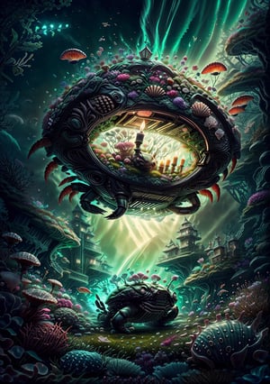 Inside the human mouth, there is a big cute Queen Crab, she playing football with small crab friends, sea shells around it,  green grass, glowing butter flies, cinematic effect, fairytale concept,4k details, warm effect, candles, abstract color flowers, glowing flowers, dramatic lighting,
