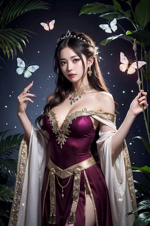 Embark on a fashionable portrait photo shoot in the realm of fantasy. ′′BREAK′′Theme: Mysterious enchantment′′BREAK′′Role: The heroine of the ether with a flowing gown, she′′BREAK′′Activity: She stands in a majestic forest and has a mythical artifact with a sense of purpose′′ BREAK′′ expression: A resting place that radiates a fusion of determination and surprise: a fascinating forest with ancient trees and sparkling mysterious plants. Items of "BREAK" place: flowing graceful gowns, mythical crystal staff, glowing butterflies, "BREAK" atmosphere: whimsical and magical, with a touch of elegance from another world, "BREAK" camera settings and effects: soft Use kana lighting to enhance the mysterious atmosphere and capture the shine like ether.