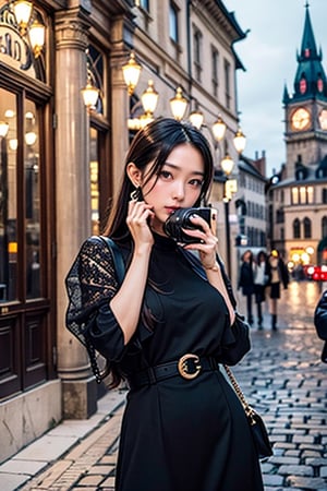 As a Traveling Fashionista, beautiful Asian women admire historical monuments to capture the beauty of Europe. Her amazing expression shines, and she takes photos at Grand Square, where magnificent fountains, elaborate sculptures, and charming cobblestone streets spread out. The atmosphere of the scene is romantic, and the bokeh background is used to highlight the historical details.
