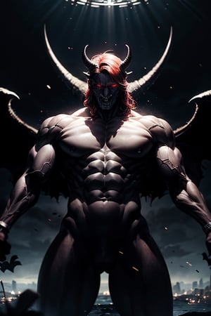 Top quality, high resolution, FHD, 8K, masterpiece, photorealism, super detail, fine detail, everyone is afraid of the appearance of the devil, both body and mind have already become demons, (tall and very thin body), reddish black body, eyes are like red cat eyes, very muscular and has unimaginable power and magical power, he seems to enter a magic circle and cast a spell with one arm to heaven, the power of destruction is concentrated on the hand and emits dazzling light, it is exactly the scene just before destroying everything in this world, the appearance of a greedy devil in the shape of a human, the wings are growing, (Various poses ),everything is the power of the devil, ,DonMF41ryW1ng5