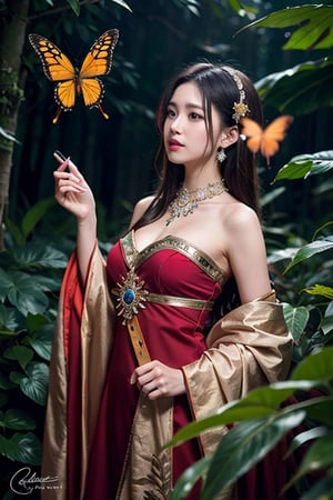 Embark on a fashionable portrait photo shoot in the realm of fantasy. ′′BREAK′′Theme: Mysterious enchantment′′BREAK′′Role: The heroine of the ether with a flowing gown, ′′BREAK′′Activity: She stands in a majestic forest and has a mythical artifact with a sense of purpose′′ BREAK′′ expression: A resting place that radiates a fusion of determination and surprise: a fascinating forest with ancient trees and sparkling mysterious plants. Items of "BREAK" place: flowing graceful gowns, mythical crystal staff, glowing butterflies, "BREAK" atmosphere: whimsical and magical, with a touch of elegance from another world, "BREAK" camera settings and effects: soft Use kana lighting to enhance the mysterious atmosphere and capture the shine like ether.