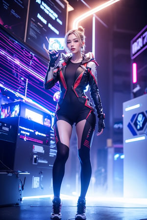 As a Futuristic Explorer, beautiful women are confidently walking through the technology corridor that shines with neon lights. Her determined expression stands out, and she shoots at Cyber Alley with a holographic display, a floating drone, and an interactive AR interface. The atmosphere of the scene is sophisticated, and long-term exposure is used to capture the trajectory of dynamic light, Best face ever in the world,real hand