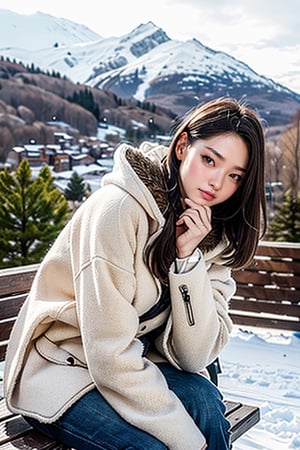 (A beautiful woman rests on a bench, wears a fashionable winter coat, and looks at the camera with a relaxed and satisfied expression), BREAK (the theme of the story is skiing, the place is a ski resort, hot drinks, ski resort with snowy mountains in the background), BREAK (the atmosphere is comfortable and comfortable, the lens setting and shooting effect are portrait, warm tone,)
