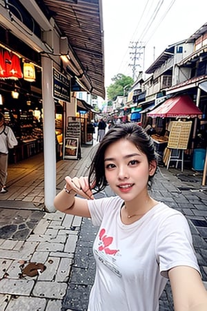 (Travelers are taking selfies. It conveys the atmosphere of a tourist destination with a fun expression.), BREAK (A story of beauty and memories, taking a commemorative photo at a famous tourist destination in Asia. You can see the scenery such as the market, souvenirs and people in the background.),BREAK (With a bright and gorgeous atmosphere, take a sharp shot with a standard lens. The saturation is high, the contrast is high, and it becomes a vivid and beautiful color.)