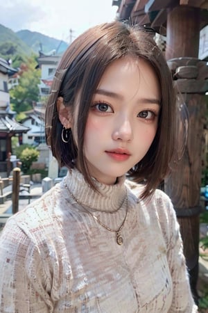 1 girl, (cloud and mountain scenery), (at a shrine in Kyoto), (Japanese shrine), turtleneck sweater, ((Realistic photo: 1.4), Unity 8k, super detailed, beautiful, aesthetic, masterpiece, best quality, shining skin, movie lighting, smile of light, small necklace, earrings, spirit of young beauty, the best face in the world, sexy,a_line_haircut