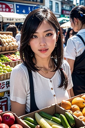 As a Cultural Explorer, beautiful Asian women immerse themselves in the bustling market and enjoy the local taste. Her joyful expression shines, and she takes photos at Vibrant Market, where colorful fresh food, lively street performers, and traditional stalls spread out. The atmosphere of the scene is vibrant, and wide-angle lenses are used to capture the dynamic atmosphere of the market, And she has a very beautiful face and the best style, and her hair is swaying gently when shooting.,