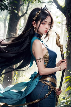 Embark on a fashionable portrait photo shoot in the realm of fantasy. ′′BREAK′′Theme: Mysterious enchantment′′BREAK′′Role: The heroine of the ether with a flowing gown, ′′BREAK′′Activity: She stands in a majestic forest and has a mythical artifact with a sense of purpose′′ BREAK′′ expression: A resting place that radiates a fusion of determination and surprise: a fascinating forest with ancient trees and sparkling mysterious plants. Items of "BREAK" place: flowing graceful gowns, mythical crystal staff, glowing fairy , "BREAK" atmosphere: whimsical and magical, with a touch of elegance from another world, "BREAK" camera settings and effects: soft Use kana lighting to enhance the mysterious atmosphere and capture the shine like ether.