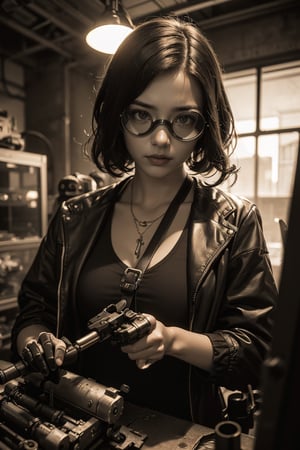 A mechanic girl is wearing goggles, holding a wrench, and looking at the camera while repairing the robot, BREAK, (It is a photo with a steampunk dystopian theme, taken in the workshop, tools, gears, wires and metal rubage are scattered in the background), BREAK, (It is taken using close-up, high contrast and sepia tone so that a dark and rough atmosphere can be transmitted)
