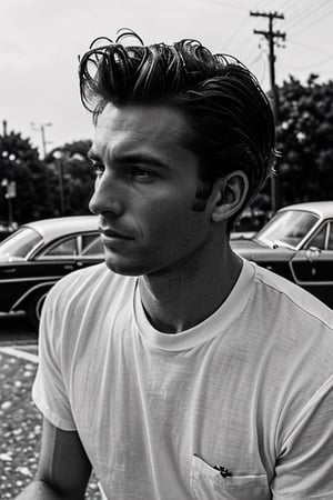(The era is 1960, and it is a photo shoot of a dignified American man in his 30s. He was sitting on a block of the park and smoking with the expression of staring at something. He is a very astringent man with a hairstyle like James Dean and a white T-shirt in jeans. Cigarette smoke creates an atmosphere.), BREAK (The scenery is a retro and cool story, a classic car is in the background), BREAK (((shooting from the front)), ((Profi in a monotonous atmosphere in black and white) Take a clear photo with Le)) Standard lens. Low saturation, high contrast, nostalgic and stylish shades.)