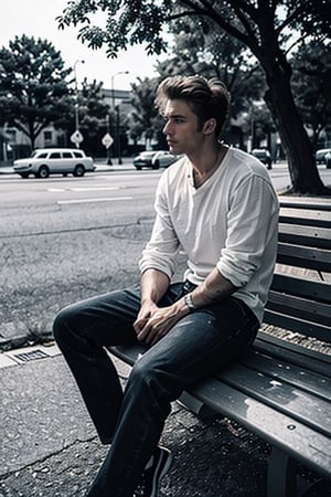 (The man is sitting on a bench and staring at something. The era was 1960, when he smoked with a confused expression. It's James Dean's haircut, and he's a very astringent man.), BREAK (a retro and cool story, sitting on a bench in the park and taking a portrait. At that time, there was a magazine.), BREAK (a standard lens that shoots diagonally from the front and takes clear photos with a profile in a monotonous atmosphere in black and white. Low saturation, high contrast, and a nostalgic and stylish shade.