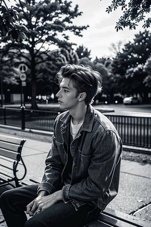 (The man is sitting on a bench and staring at something. The era was 1960, when he smoked with a confused expression. It's James Dean's haircut, and he's a very astringent man.), BREAK (a retro and cool story, sitting on a bench in the park and taking a portrait. At that time, there was a magazine.), BREAK (a standard lens that shoots diagonally from the front and takes clear photos with a profile in a monotonous atmosphere in black and white. Low saturation, high contrast, and a nostalgic and stylish shade.