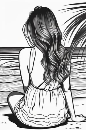 With a pencil-style illustration with a touch drawn with a monochrome line drawing, (Please be sure to draw a palm tree.) In a simple atmosphere, it is a scene where black-and-white images, line drawings, and palm trees shake in the wind. ( A depiction that reflects the entire palm tree), (very simple), the back of a woman with long hair is impressive. The back of a beautiful woman who drew the whole, (the back of the woman sitting on the beach), I'm wearing a summer dress.((Describe a person in a small way))