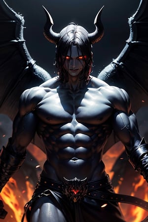 Top quality, high resolution, FHD, 8K, masterpiece, photorealism, super detail, fine detail, everyone is afraid of the appearance of the devil, both body and mind have already become demons, (tall and very thin body), reddish black body, eyes are like red cat eyes, very muscular and has unimaginable power and magical power, he seems to enter a magic circle and cast a spell with one arm to heaven, the power of destruction is concentrated on the hand and emits dazzling light, it is exactly the scene just before destroying everything in this world, the appearance of a greedy devil in the shape of a human, the wings are growing, everything is the power of the devil,