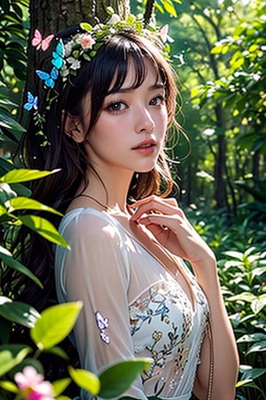A beautiful woman lost in a fantastic forest is exploring while being drawn into a magical plant. Her expression is full of surprise, and she takes photos in a mysterious small square with sparkling butterflies, ancient stones, and vivid flowers. The atmosphere of the scene is etherial, and the soft focus lens setting catches its charm. 