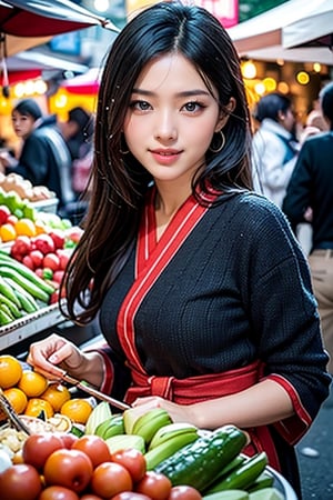 As a Cultural Explorer, beautiful Asian women immerse themselves in the bustling market and enjoy the local taste. Her joyful expression shines, and she takes photos at Vibrant Market, where colorful fresh food, lively street performers, and traditional stalls spread out. The atmosphere of the scene is vibrant, and wide-angle lenses are used to capture the dynamic atmosphere of the market, She has a very beautiful face and the best style, and her hair is gently shaking when she looks at the camera gently and shoots.