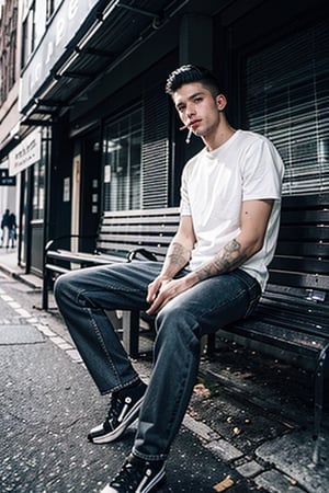 A 30-year-old American man sits in a pose with his legs spread out and casually smokes with a cigarette in his mouth. He is very attractive and handsome. With a short flat-top hairstyle, he is looking at the camera with a confident expression, as if he is challenging authority. He sat on a bench in front of the building and stopped there for a break. Blake (The theme of the story is set in America in the 1960s. American Street is an old-fashioned building with retro cars parked on the back road. Blake (The atmosphere is cool and rebellious, ((It is taken in black and white images.)) The lens is granular and contrasting (creates a vintage atmosphere). The image has a vignette effect and draws attention to the center. The lens is also slightly tilted, and a dynamic angle has been added.