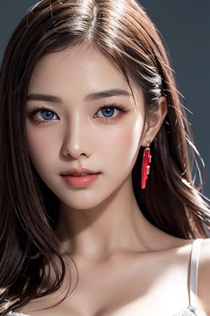 Top quality, super detailed, very detailed CG8K, frimgrain, real hands, masterpiece, top quality, photorealistic, ultra-detailed, ultra-fine, high resolution, very detailed, beautiful chest, slim figure, long legs, realistic portrait, great face and eyes, beautiful eyes, well-formed white teeth, well-formed eyes, beautiful Japanese, one girl, very bright backlight, solo, (beautiful and detailed eyes), (good shape big breast), gentle expression, natural and soft light, breeze hair, delicate facial features, dull bangs, beautiful Korean girl, very thin earrings, 22 years old, (model pose), glamour body, (colorful hair, half red and half brown hair:1.2), brown messy hair, perfect dynamic composition, beautiful detailed eyes, Asian girl, sharp focus, film girl, smile, (wear salon:1.3), (long hair:1.3), mysterious beauty, mysterious beauty,All shooting