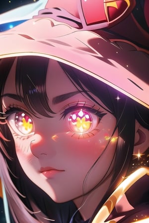 (masterpiece), best quality, expressive eyes, perfect face, glowing eyes, heart pupils, hair ornament, Volumetric Lighting, glitter, blush stickers,outfit-km,Megu-KJ, wizard hat