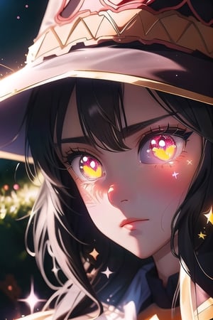 (masterpiece), best quality, expressive eyes, perfect face, glowing eyes, heart pupils, hair ornament, Volumetric Lighting, glitter, blush stickers,outfit-km,Megu-KJ, wizard hat