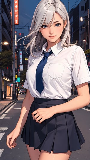 (8k, RAW photo, best quality, mastery:1.3),(realistic,photo-realistic:1.37),(night),(looking viewer:1.331),(white hair),posing,Tokyo street,nightcityscape,class_room,soft light, 1girl, extremely beautiful face, perfect body proportions, focal length, bust, casual hairstyle, smile, big eyes, (short sleeves JK_shirt), JK_style, (navy JK_skirt), (bow JK_tie), mix4, detailed eyes