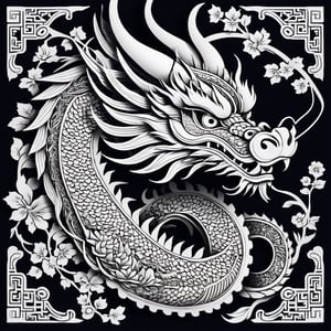 Monochromatic chinese dragon-head Intricate paper-cut illustration,