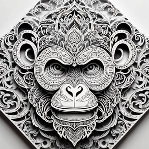 Monochromatic monkey-head Intricate paper-cut illustration,