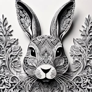 Monochromatic rabbit-head Intricate paper-cut illustration,