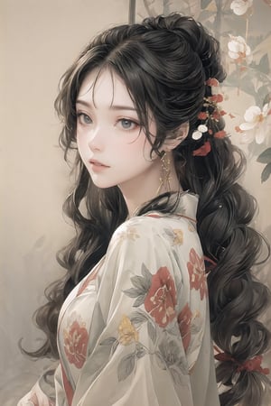 Natural Light, (Best Quality, highly detailed, Masterpiece:1.2), 16k, depth of field, ((wide shot)), 1girl  A lady with long black hair, barefoot, wearing a white strapless kimono, dark green silk thread, Transparent watercolor, splash ink rendering, chaos rendering, (beautiful and detailed eyes), (realistic detailed skin texture), (detailed hair), (realistic light and shadow), (clean outline, sketch style line art),ink splash