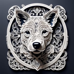 Monochromatic dog-head Intricate paper-cut illustration,