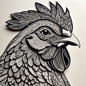 Monochromatic chicken-head Intricate paper-cut illustration,