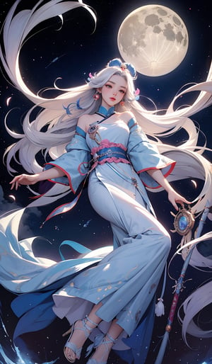 Bathed in a silvery glow, amidst gossamer clouds, a full moon hangs in the heavens. Chang'e, dressed in flowing ancient attire, her long hair dancing in the breeze, holds a branch of osmanthus in her hand as she gracefully ascends toward the Moon Palace. Her robes and sashes leave a faint trail of shimmering light across the night sky. The Jade Rabbit awaits at the palace gate, while countless stars twinkle, as if illuminating her path.