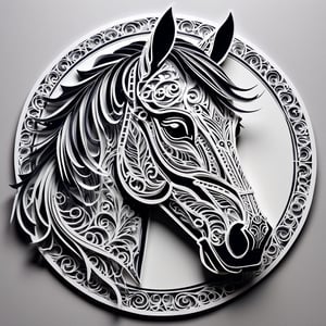 Monochromatic Horse-head Intricate paper-cut illustration,