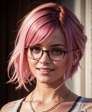 (Realistic),masterpiece,best quality,cinematic lighting,natural shadow,looking at viewer,Worm's Eye View,edgCorset,1girl,photo of a cute girl,full body,light smile,charming,20yo,glasses,Side-swept bangs Hair.Hair between eyes,Hot pink hair,Lace-up,Inlay,Raw photo,8k,uhd,dslr,soft,lighting,high quality,film grain,hyperrealismus,hyperrealistic,Atmospheric,Realistic Skin Texture,realistic hair details,ultra quality,best quality,Hyper Realism,