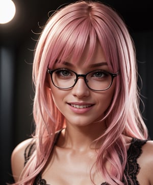 (Realistic),masterpiece,best quality,cinematic lighting,natural shadow,looking at viewer,Worm's Eye View,edgCorset,1girl,photo of a cute girl,full body,light smile,charming,20yo,glasses,Side-swept bangs Hair.Hair between eyes,Hot pink hair,Lace-up,Inlay,Raw photo,8k,uhd,dslr,soft,lighting,high quality,film grain,hyperrealismus,hyperrealistic,Atmospheric,Realistic Skin Texture,realistic hair details,ultra quality,best quality,Hyper Realism,