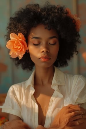 A highly detailed portrait of a confident, dark-skinned woman with smooth, glowing skin. She has curly, voluminous hair, adorned with a large, vibrant orange and white flower, creating a striking contrast against her deep complexion. Her expression is calm and powerful, with her eyes closed and long eyelashes highlighted by warm sunlight. She wears a sheer, white blouse that softly catches the light, enhancing her graceful posture. The background is abstract, with muted colors and blurred geometric shapes, adding to the focus on her serene and captivating presence. The overall atmosphere is one of elegance, beauty, and empowerment.