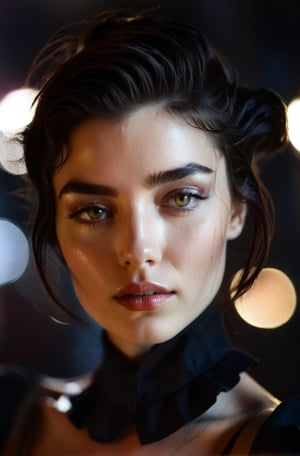 A close-up, cinematic shot of a Caucasian female posing in a dark, moody atmosphere. Her wolfcut hair is styled to perfection, framing her striking features. Pale skin and brown eyes seem almost ethereal against the rich shadows. A ruby collar adorns her neck, adding an air of mystique. The focus is sharp, with a shallow depth of field and creamy Kodak bokeh. Wet skin glistens in the dim light, inviting the viewer's gaze. Shot on 4K epic detail, this photograph exudes luxury and sensuality.