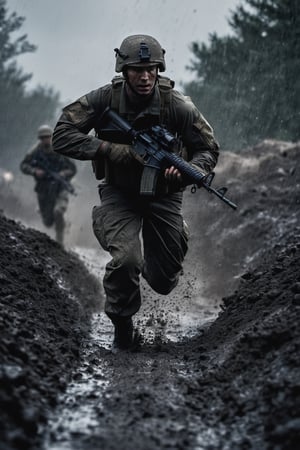dark shot,a Realistic Scene of a modern day soldier running in a deep trench, military gear,pov,wide angle, selfie view, realistic,rainy,muddy, particles,8k render, cinematic lighting, epic fighting, inspiring face
,cross fire, billets fluying