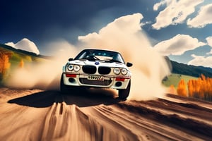 below view, rally car, brand BMW, in the wild, dirt road, noon,