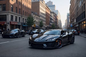 hyper cars, in the city, black paint, morning, (masterpiece, best quality, highly detailed) 