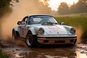 Rally car, (Porsche), in the wild, mud stained, rainy, dawn, 