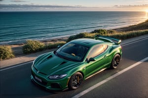 super cars, in the road, sea, green paint, sunset, top view, (masterpiece, best quality, highly detailed) 