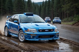 Rally cars, sports, blue paint, (Ford), in the wild, rainy, dirt stained, front view, (masterpiece, best quality, extremely detailed), (realistic, photorealistic, high resolution) 